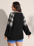 Stretchy Plaid Sleeve Split Neck T-Shirt