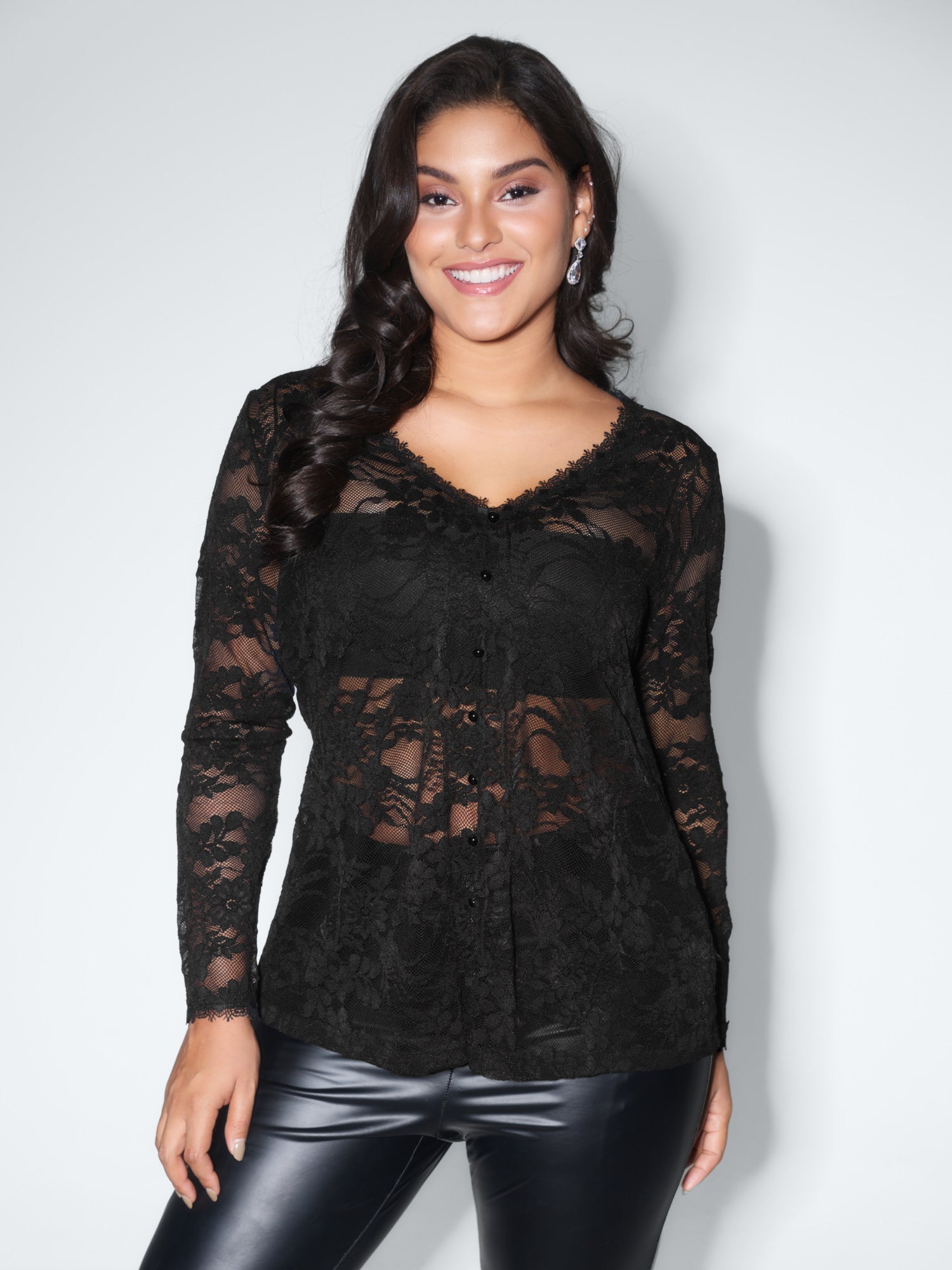 Sheer Lace Trim V-Neck Top