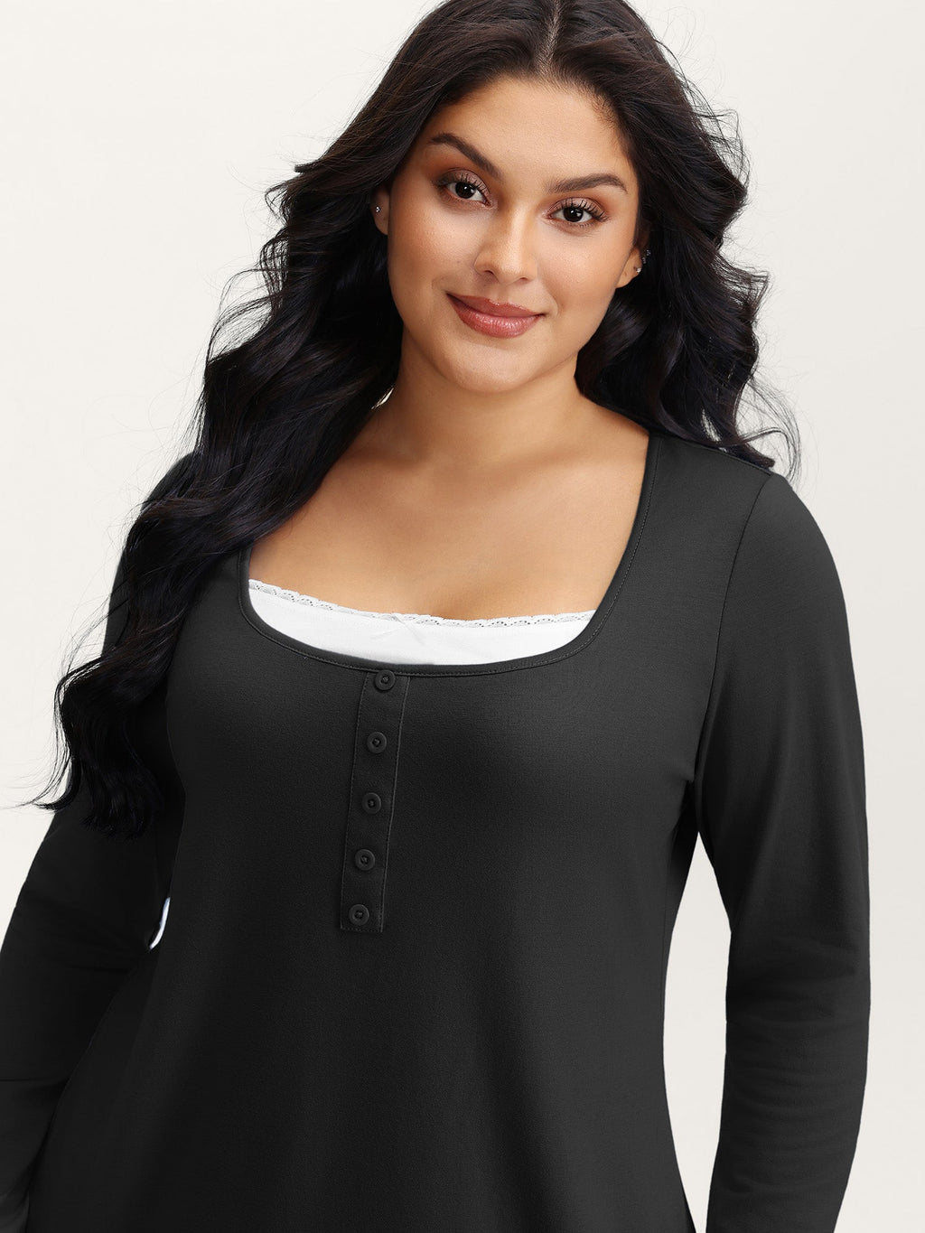 Button Placket Lace Scoop Neck T-Shirt