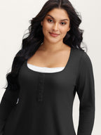 Button Placket Lace Scoop Neck T-Shirt