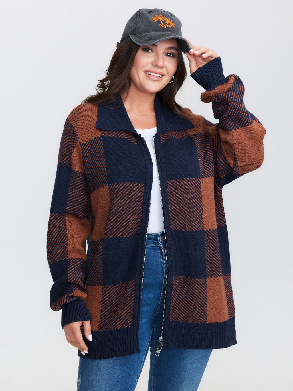 Supersoft Checkered Pattern Zip Knit Cardigan