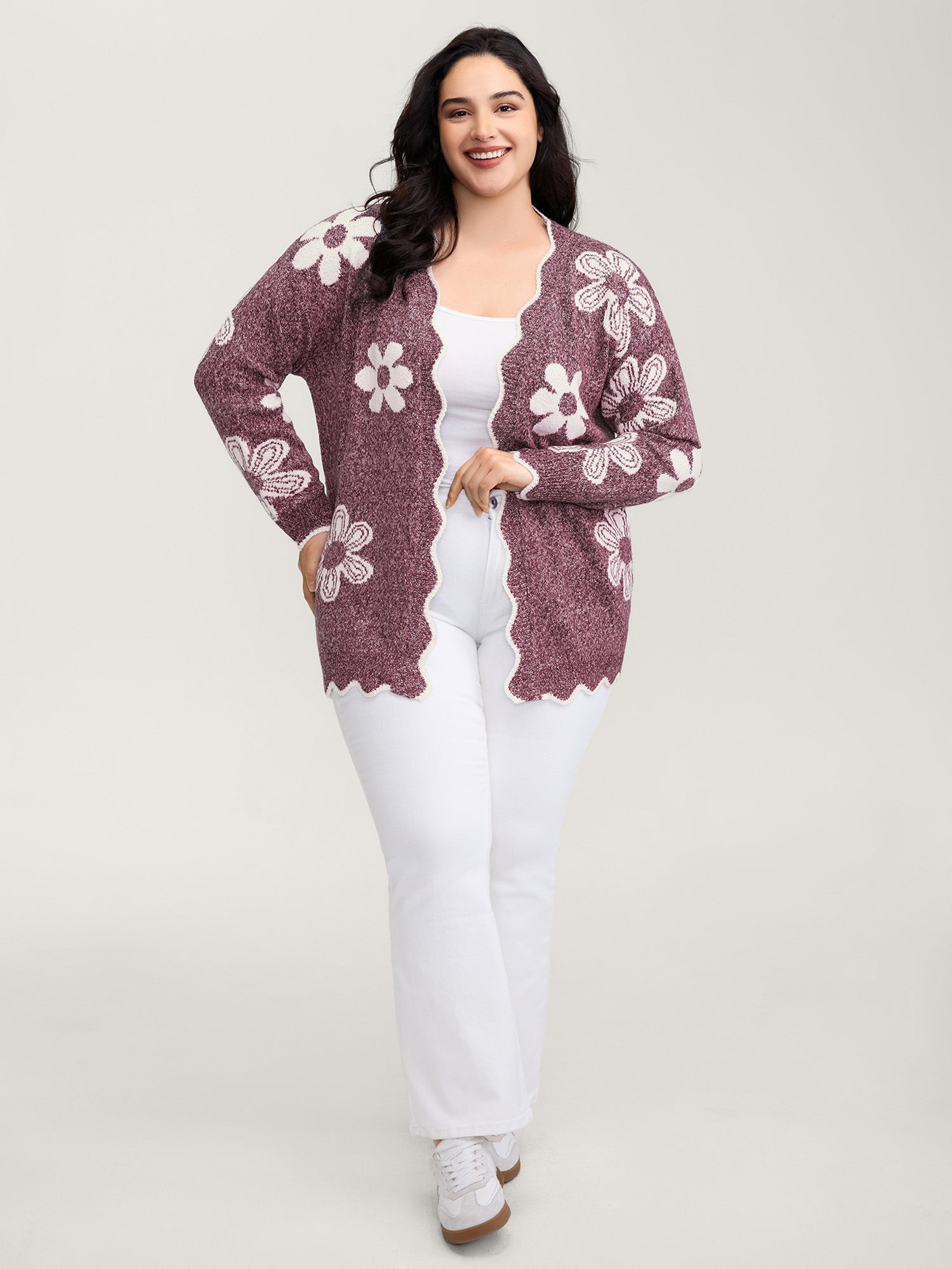 Floral Pattern Open-Front Knitted Cardigan