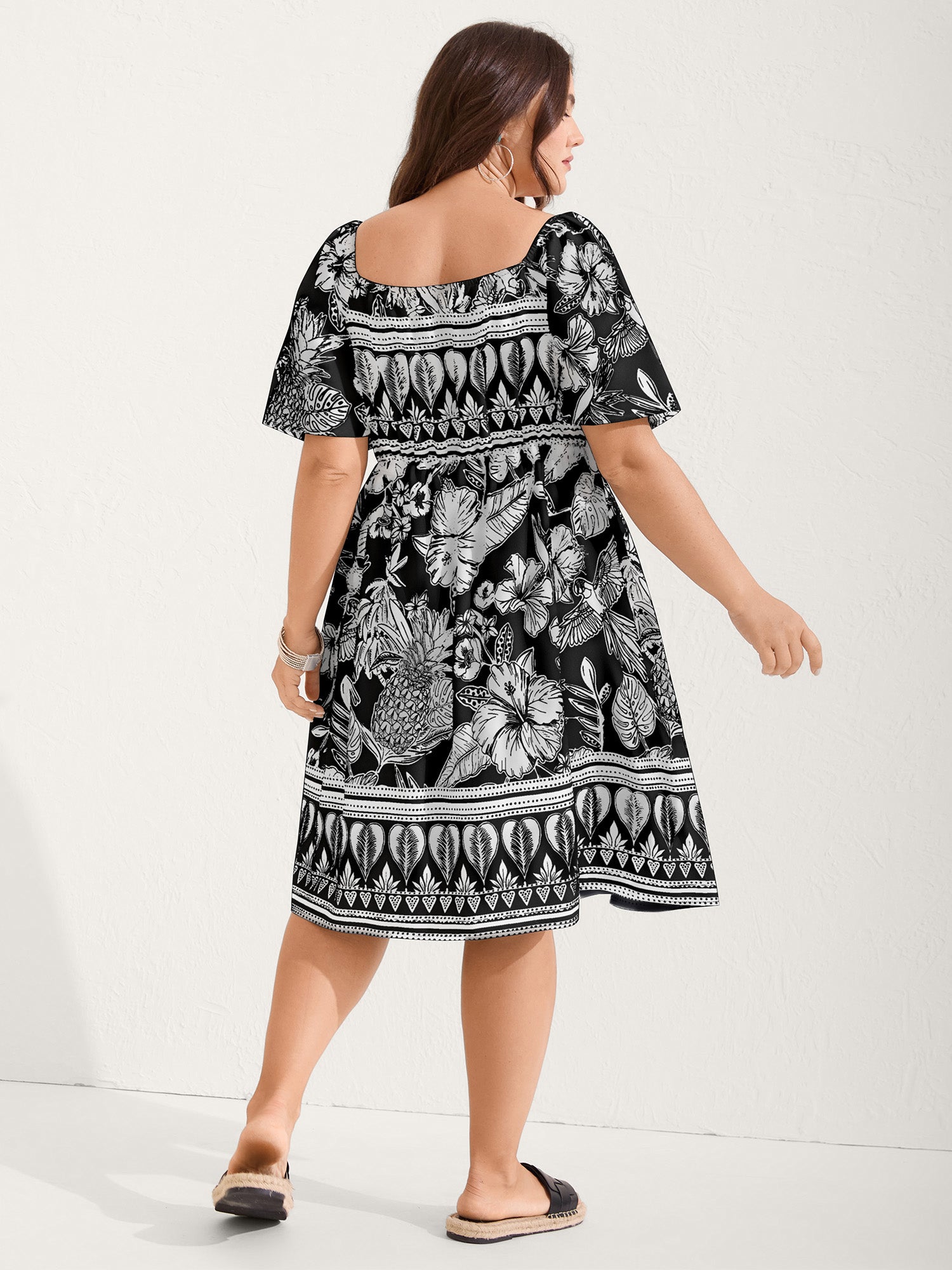 Boho Print Fit Flare Pockets Midi Dress
