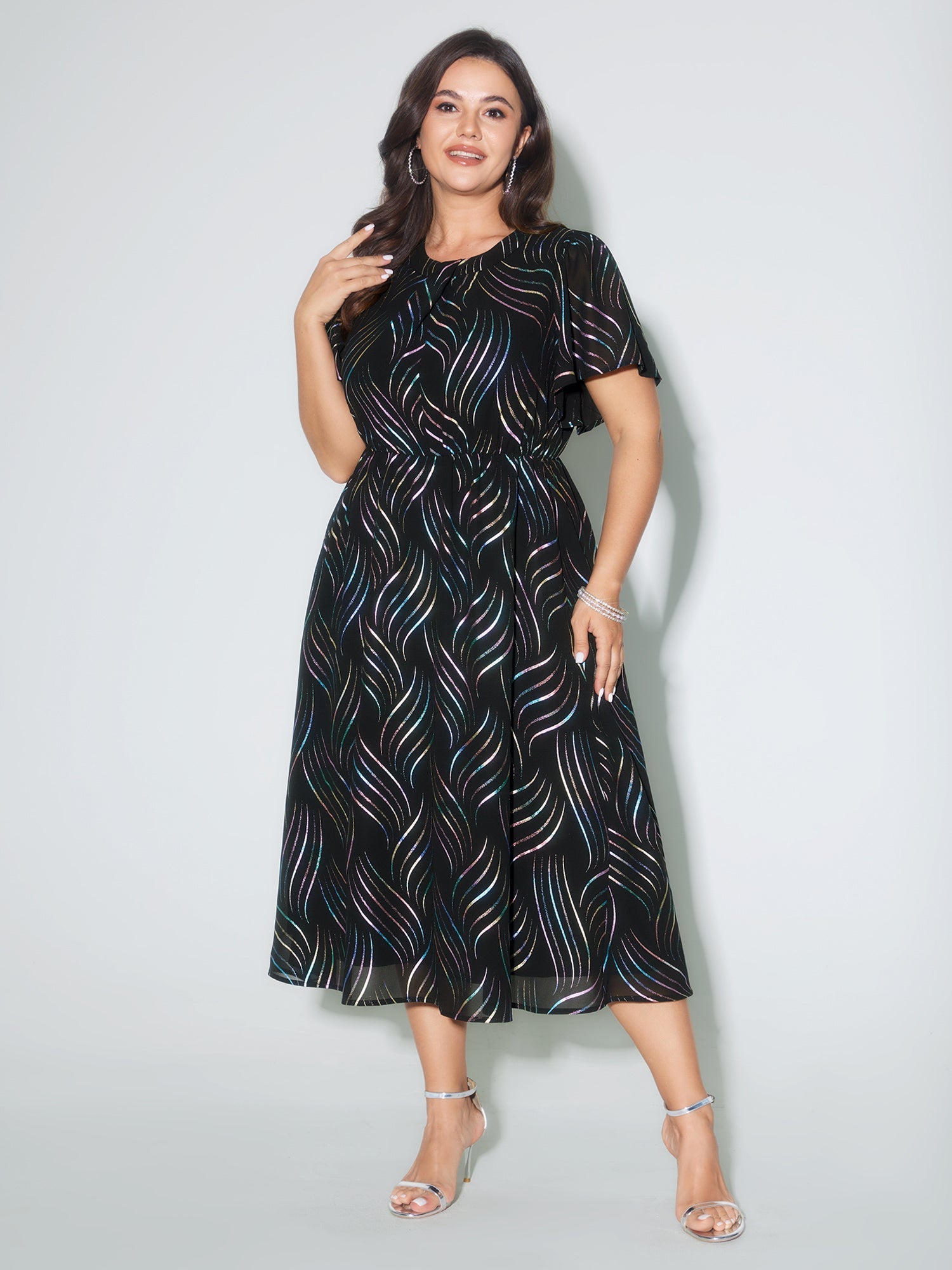 Abstract Print Twisted Neckline Midi Dress