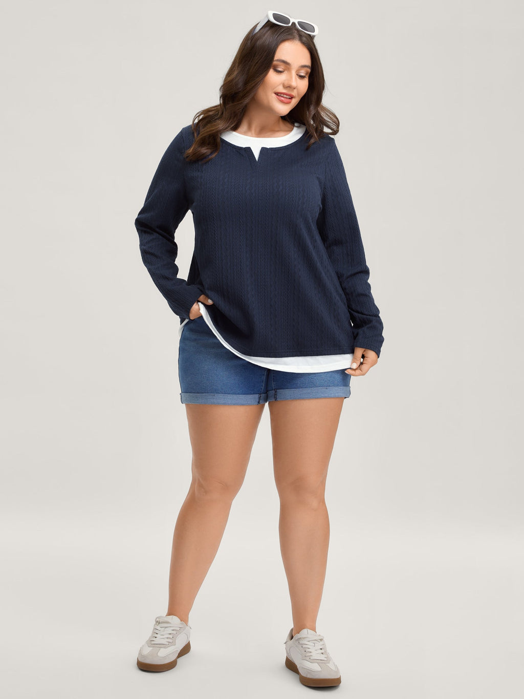 Textured Spliced Round Neck Solid T-Shirt