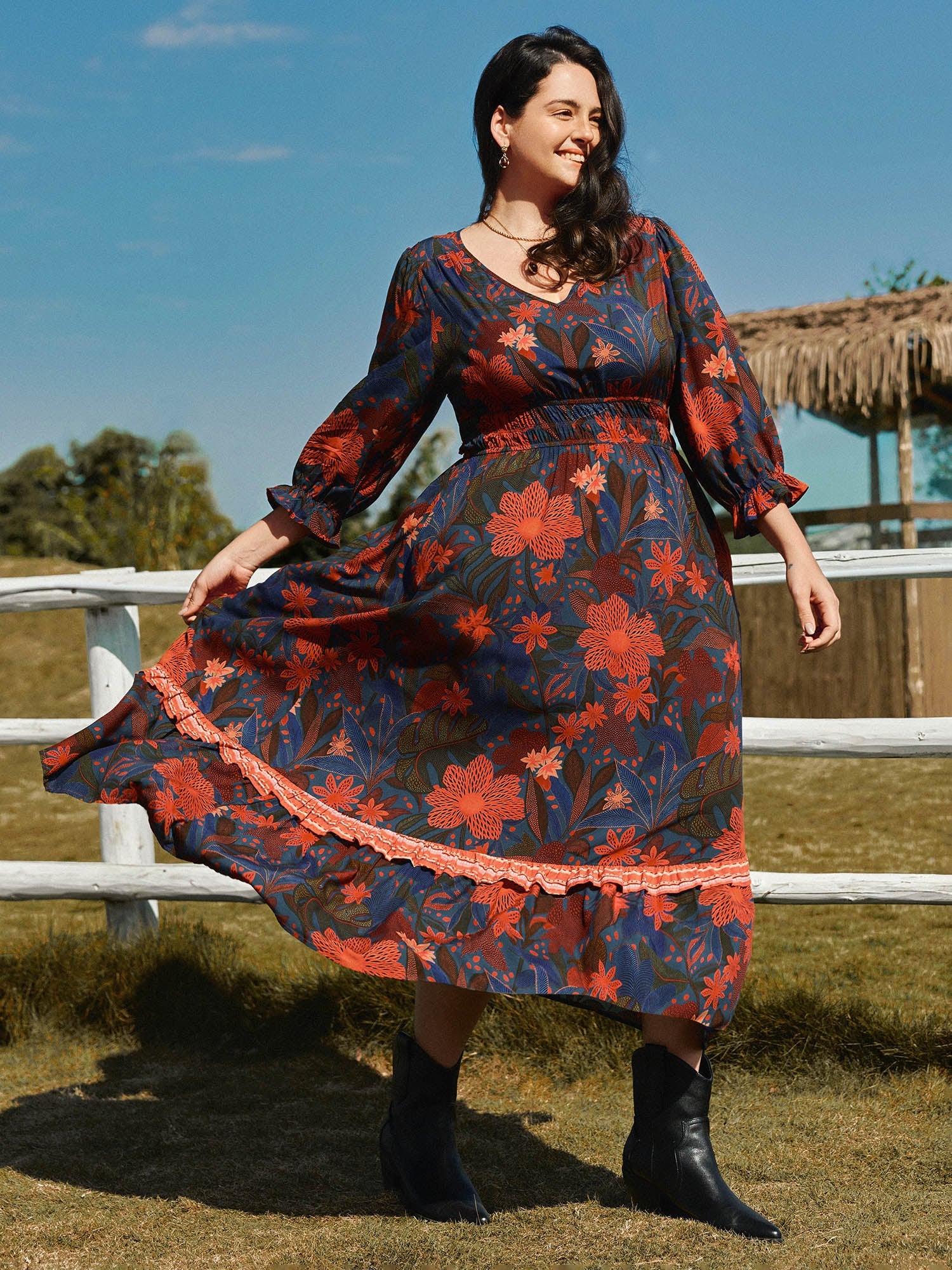 Colorful Floral Print Waistband Maxi Dress