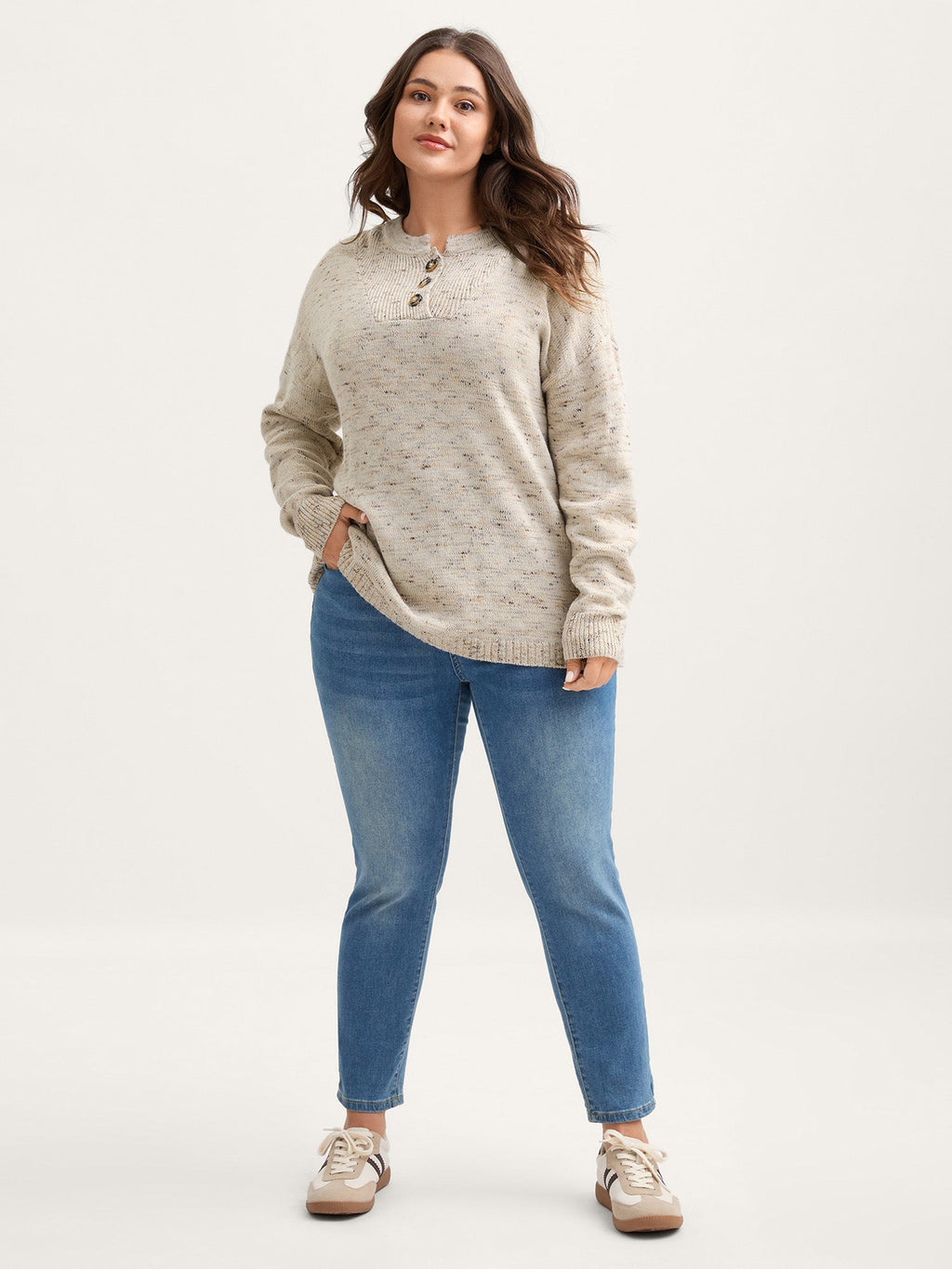 Heather Textured Button Neck Pullover