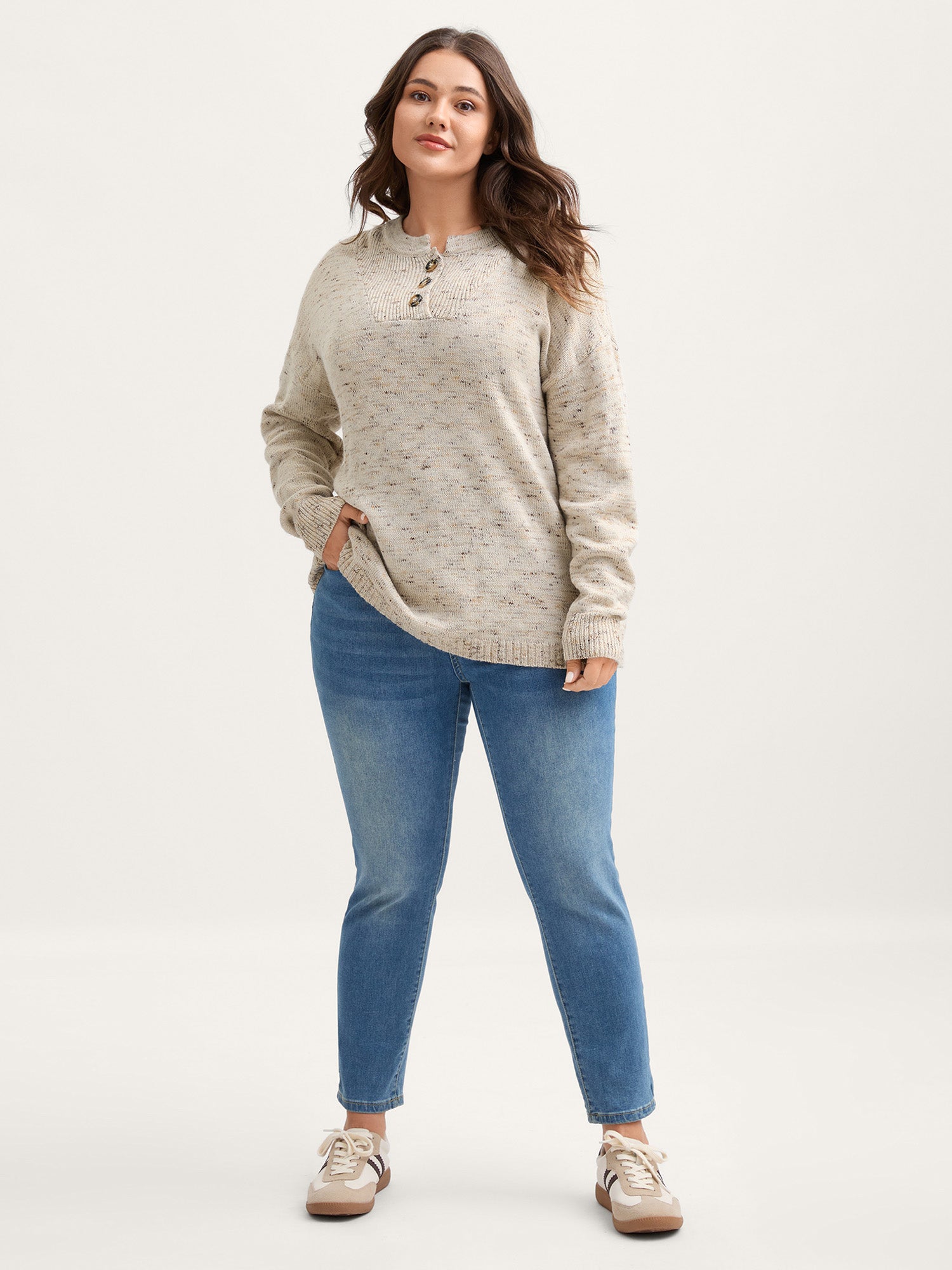 Heather Textured Button Neck Pullover