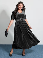 Velvet Celestial Embroidery Shirred Maxi Dress