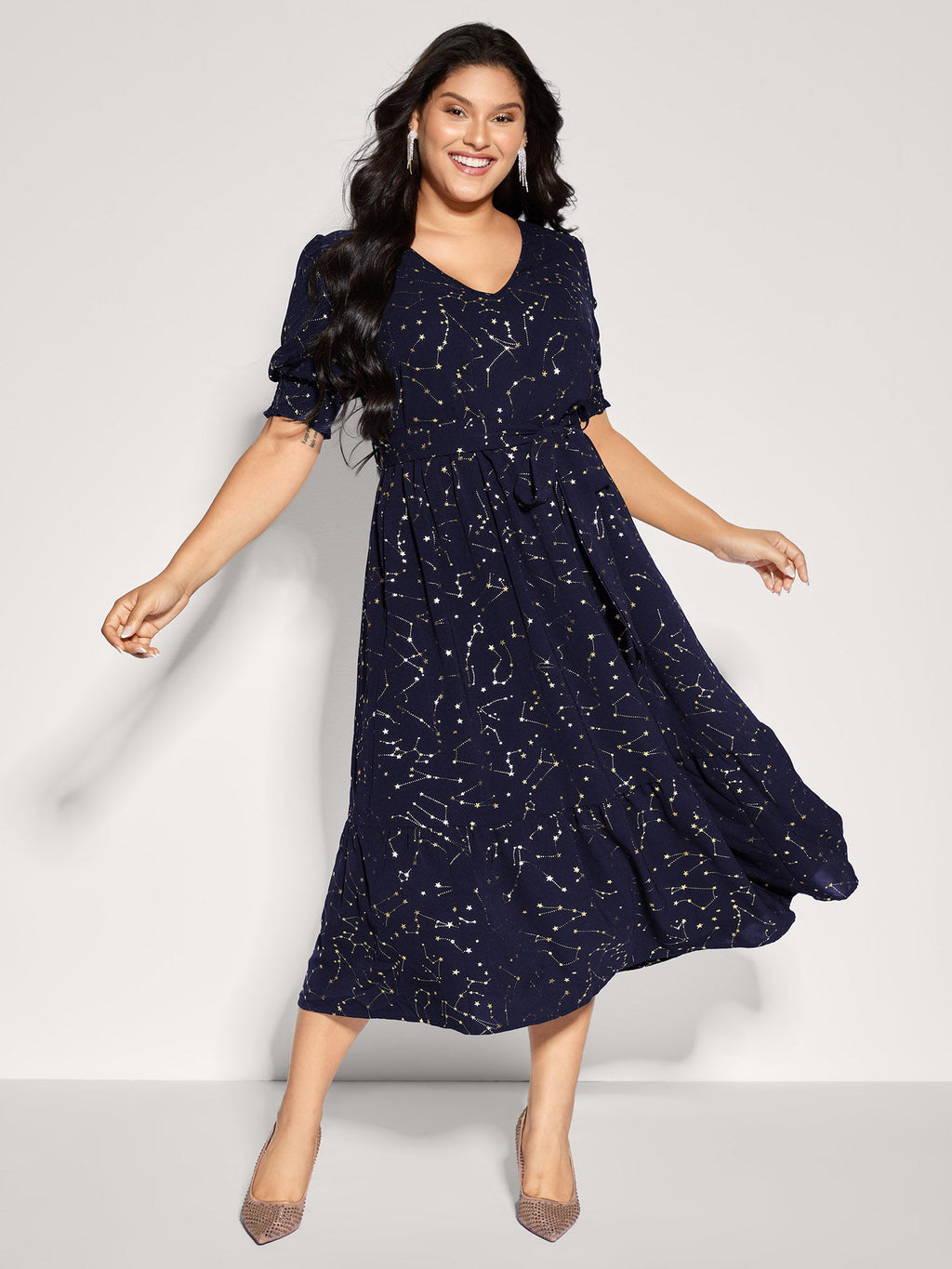 Shimmery Star Print Stretchy-Waist Midi Dress