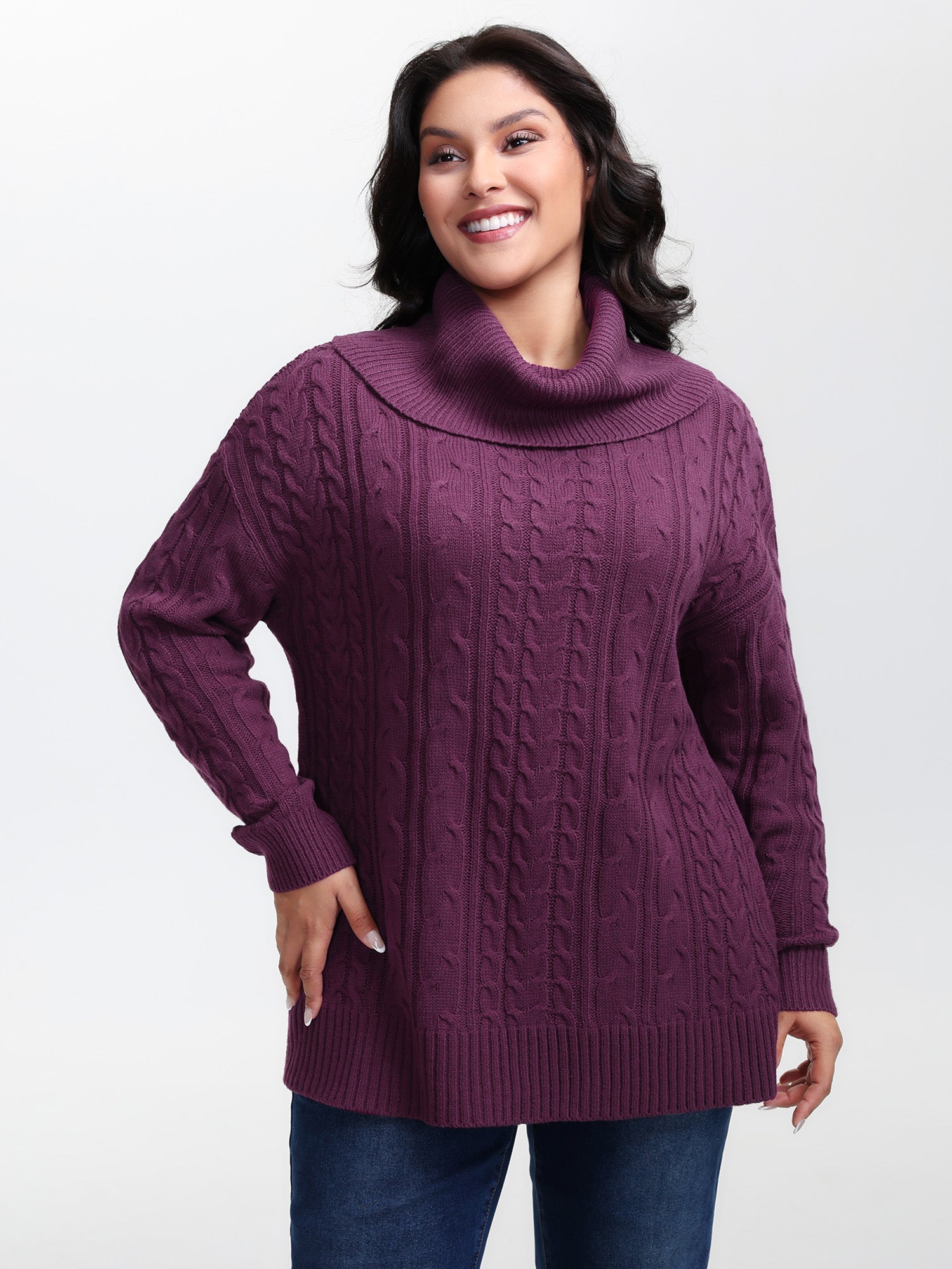 Drapey High Turtleneck Cable-Knit Pullover