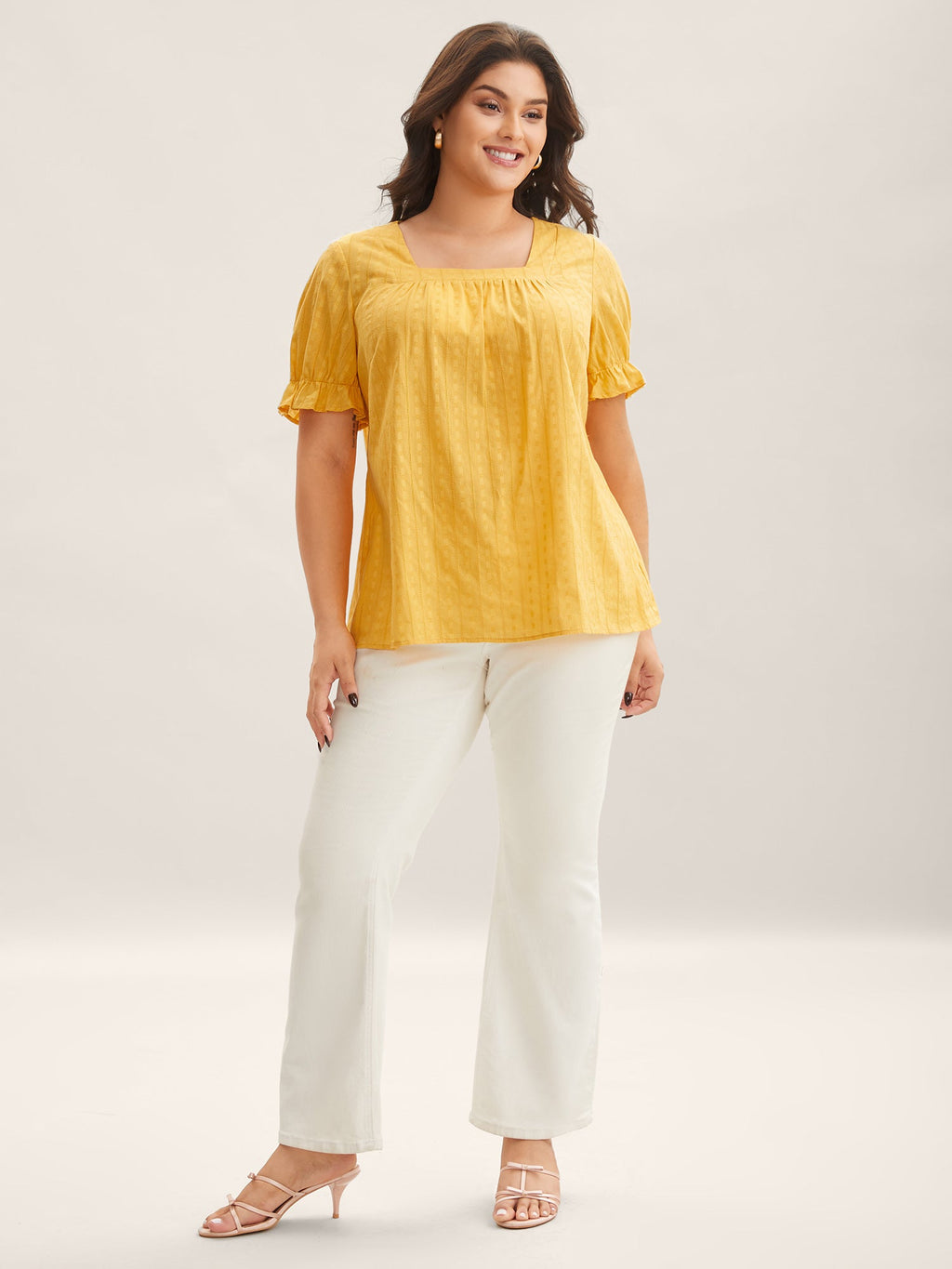 Cotton Square Neck Ruffled Sleeve Shirt