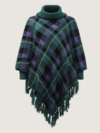 Holiday Plaid Turtleneck Fringe Hem Pullover