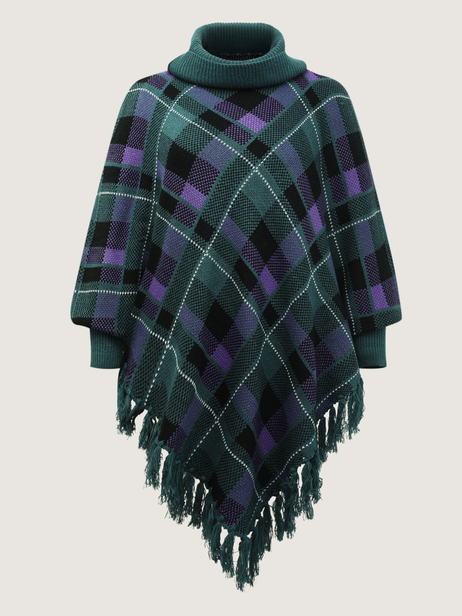 Holiday Plaid Turtleneck Fringe Hem Pullover
