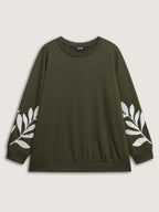 Leaf Embroidered Sleeve Round Neck Sweatshirt