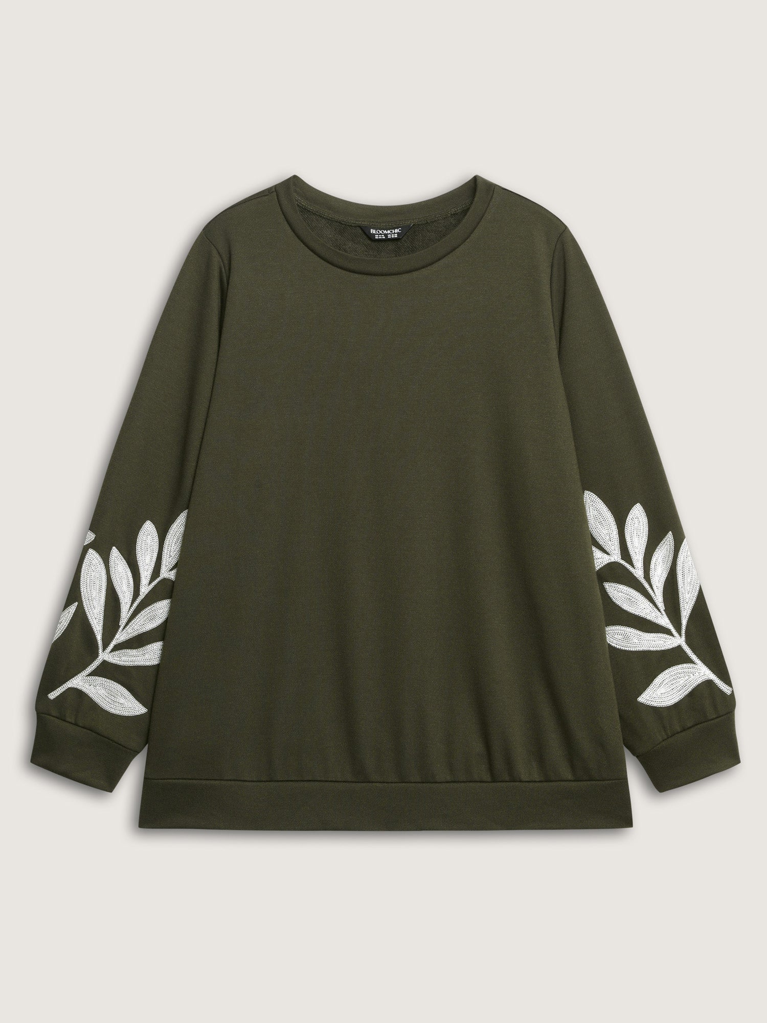 Leaf Embroidered Sleeve Round Neck Sweatshirt