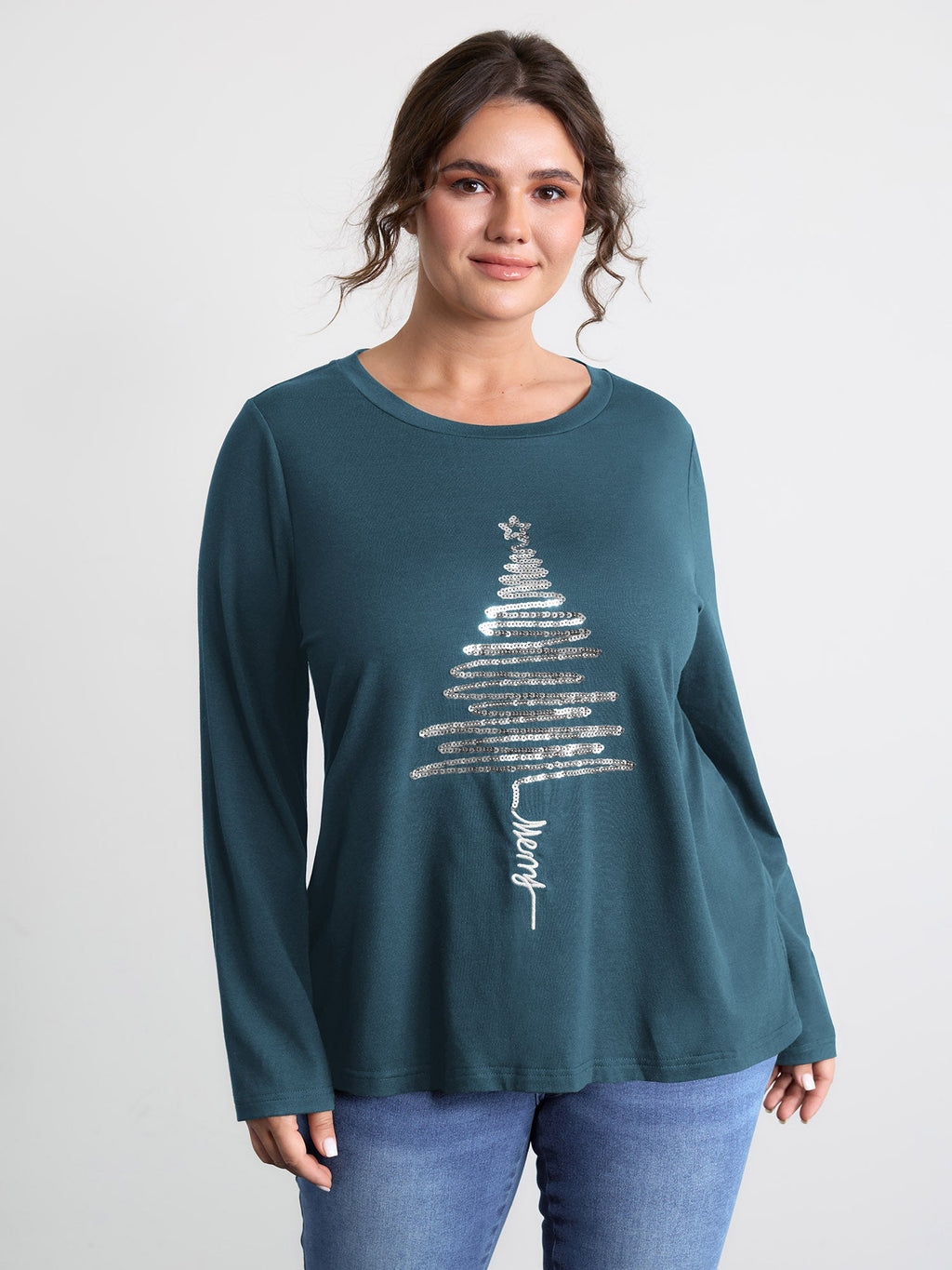 Sequin Cord Embroidered Tree Round Neck T-Shirt