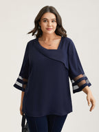 Sheer Sleeve Patchwork Asymmetrical Neckline Blouse