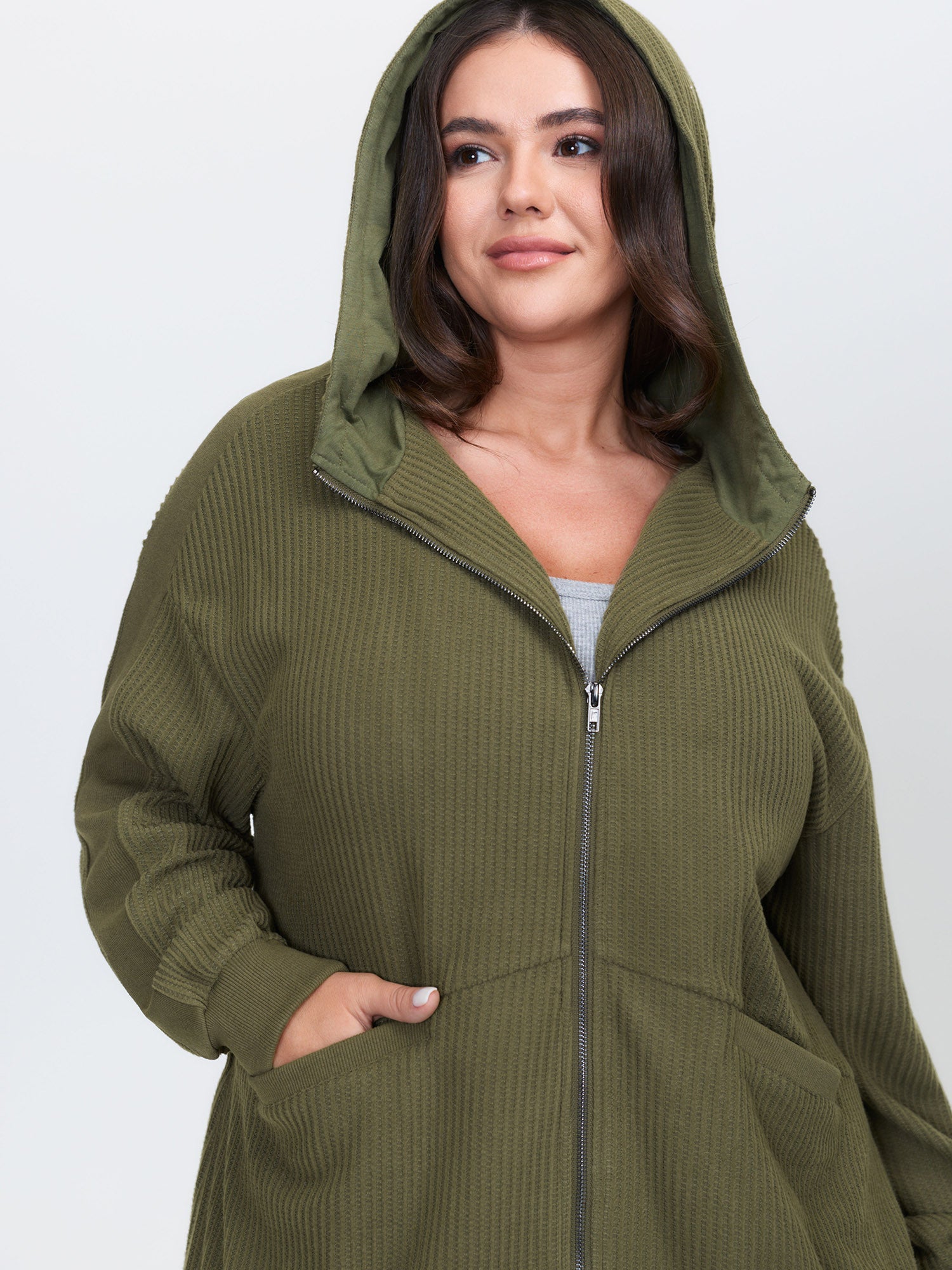 Ribbed Texture Pockets Hooded Coat