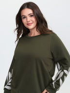 Leaf Embroidered Sleeve Round Neck Sweatshirt