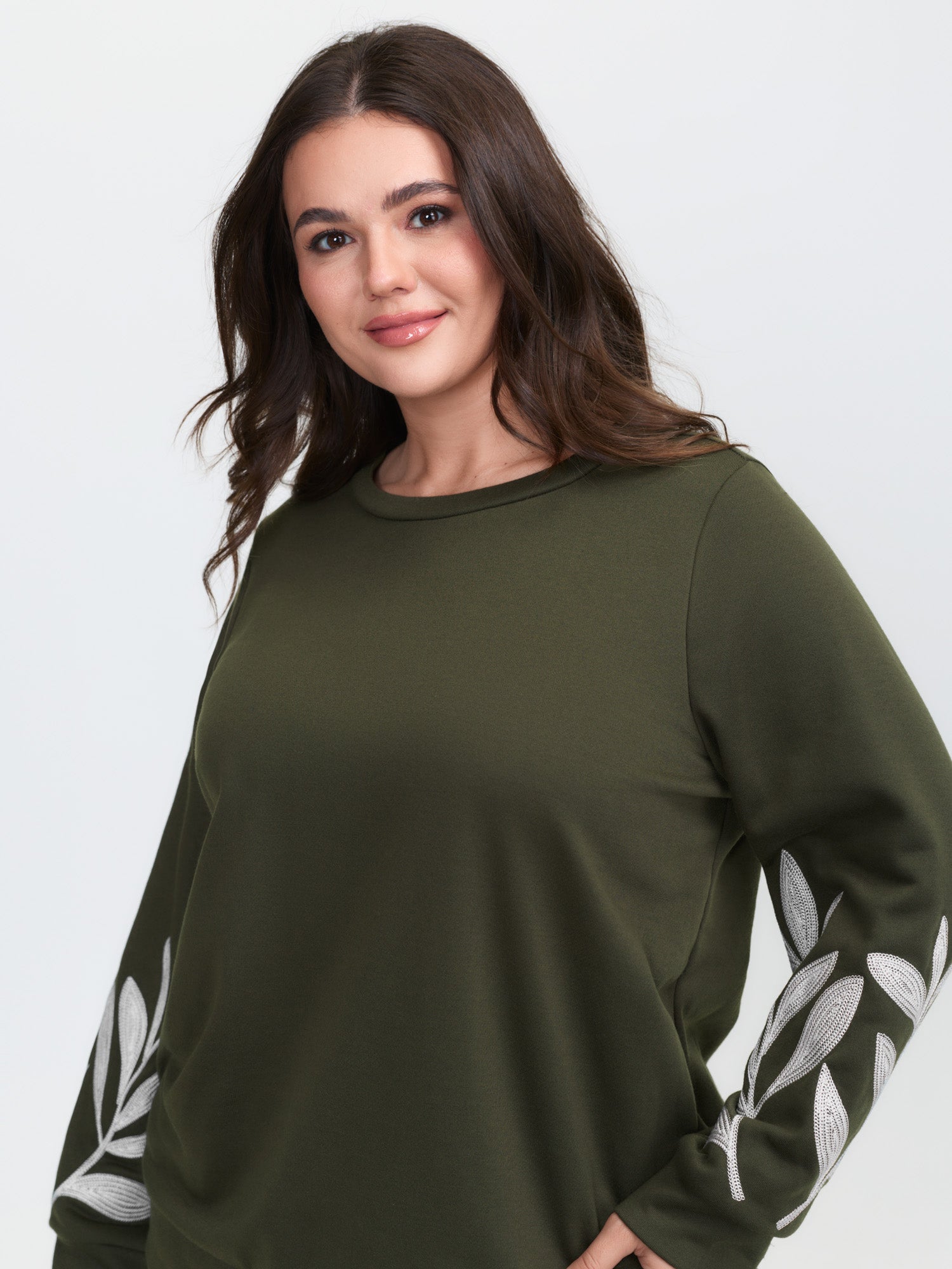 Leaf Embroidered Sleeve Round Neck Sweatshirt