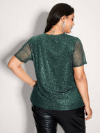 Shimmery Wrap Neck Sheer Sleeve T-Shirt