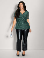 Shimmery Wrap Neck Sheer Sleeve T-Shirt