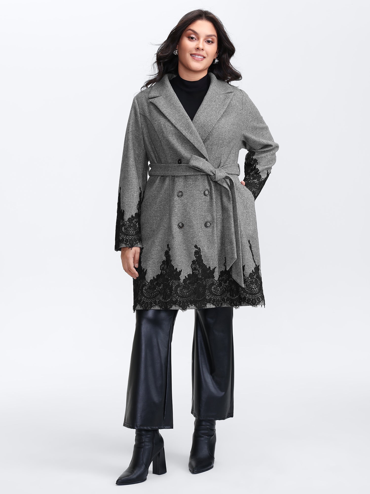 Color Contrast Belted Lace Coat