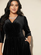 Velvet Ruched Surplice Neckline Midi Dress