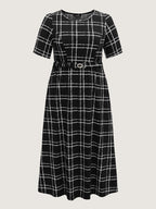 Grid Print Knit Belted Maxi Dress
