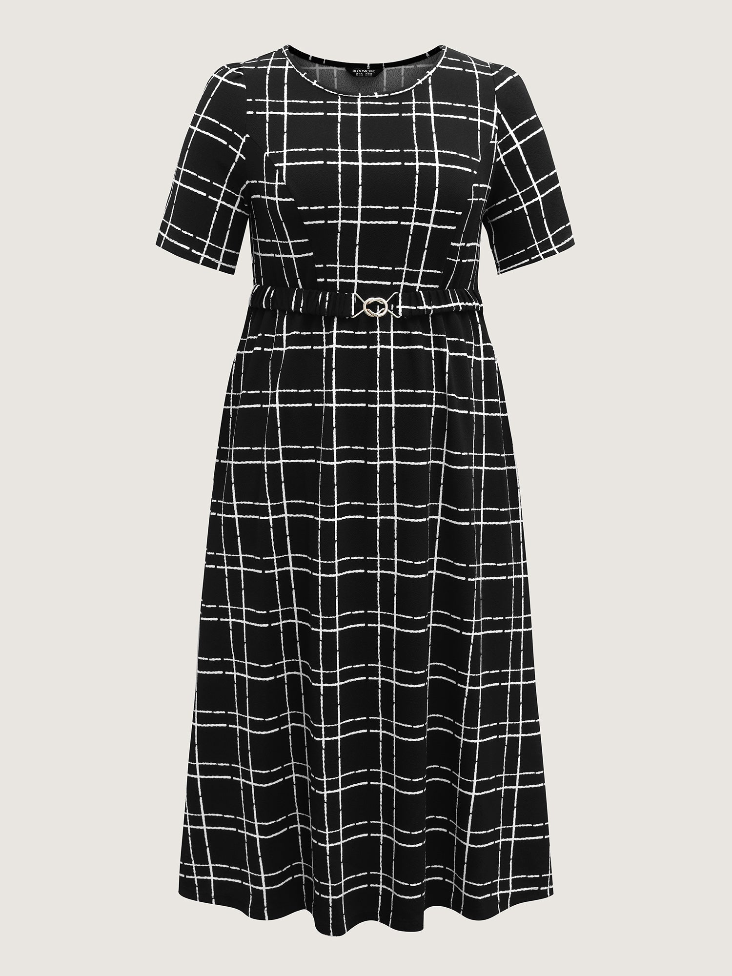 Grid Print Knit Belted Maxi Dress