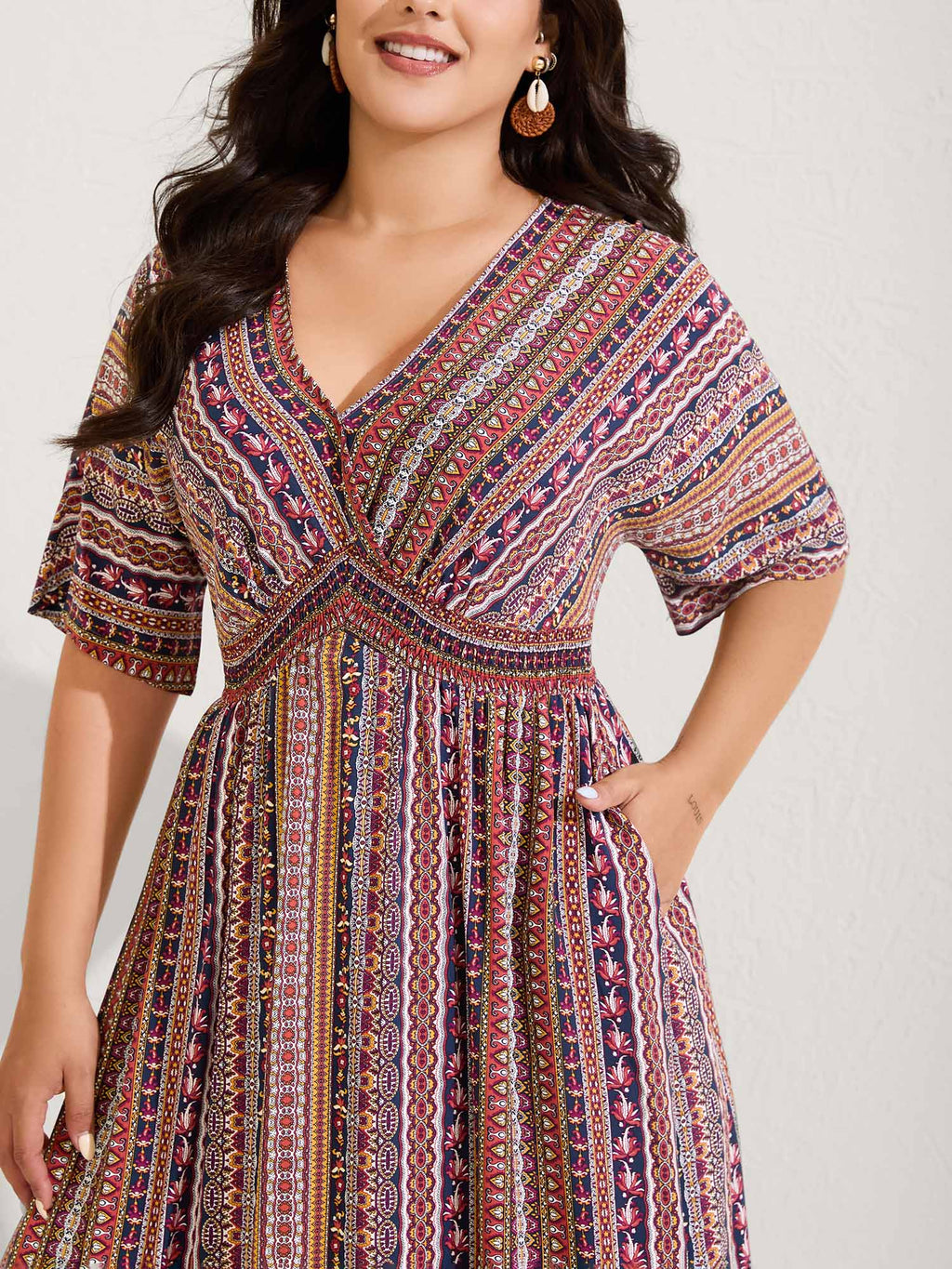 Striped Contrast Dolman Sleeve Shirred Pocket Split Flutter Dress