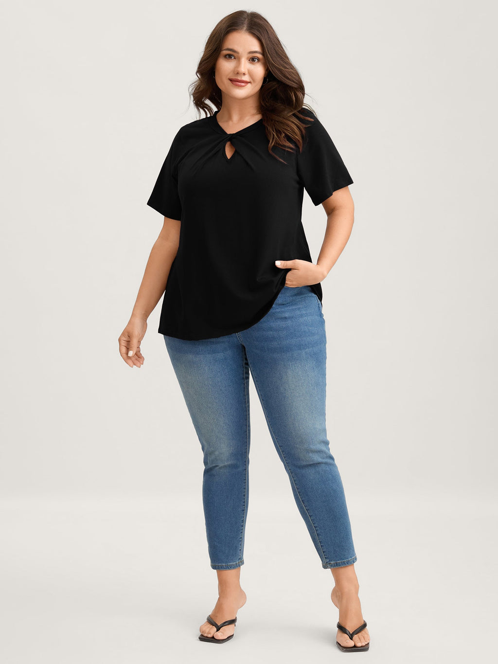 Knotted Cut-Out Neckline Solid T-Shirt