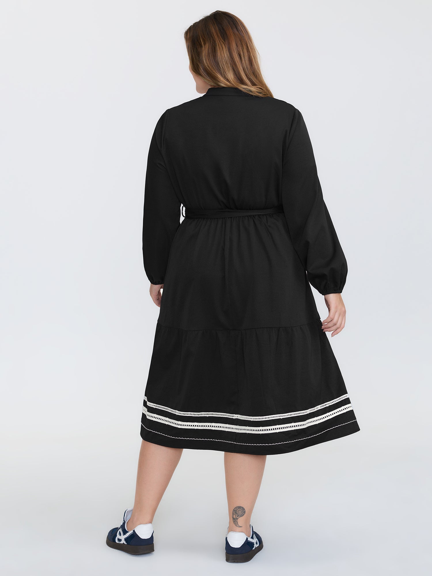 Button Front Belted Stitch Detail Midi Dress