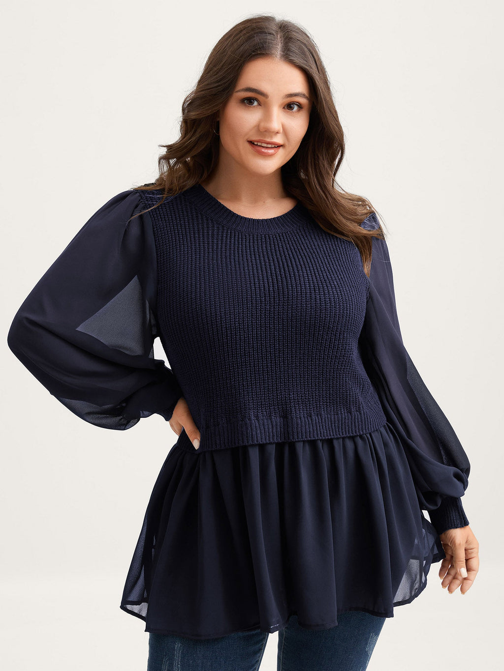 Balloon Sleeve Solid Twofer Sweater