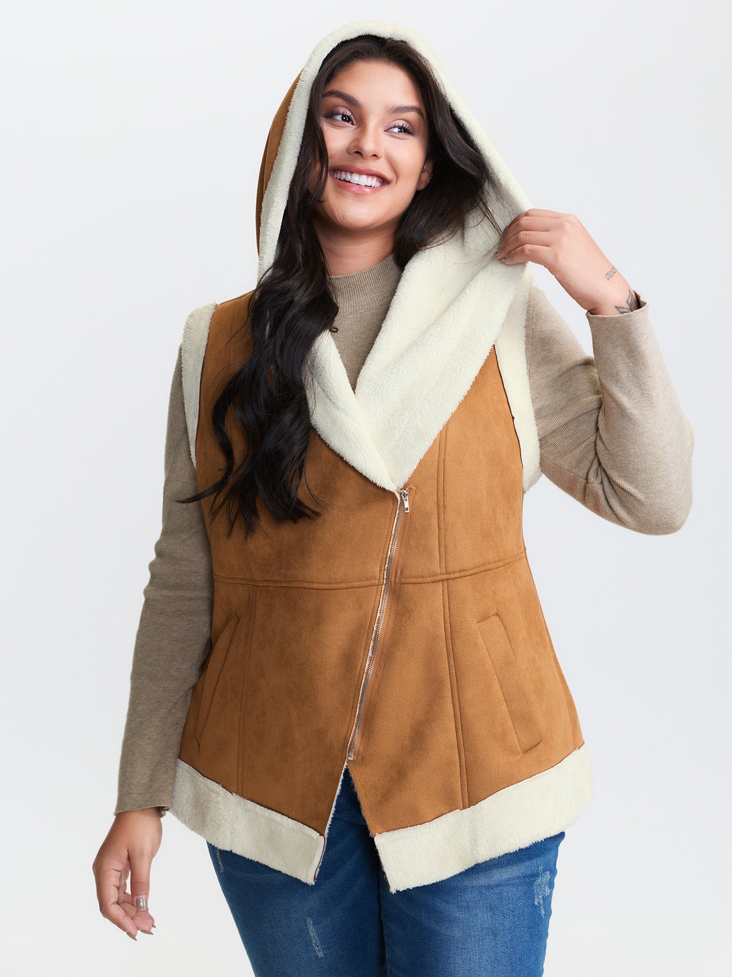 Suede Fluffy Zipper Hooded Vest Coat