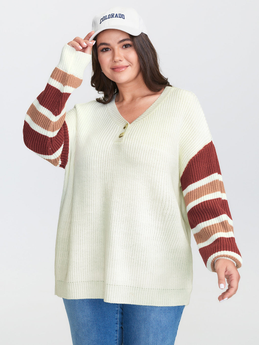 Striped Sleeve Button Neckline Pullover