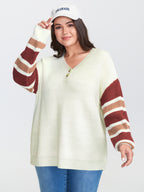 Striped Sleeve Button Neckline Pullover