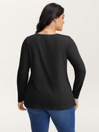 Button Placket Lace Scoop Neck T-Shirt