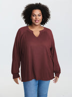 Waffle Grid Notched Collar Lace Sweatshirt