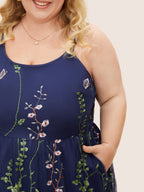 U Neck Floral Embroidered Mesh Cami Dress