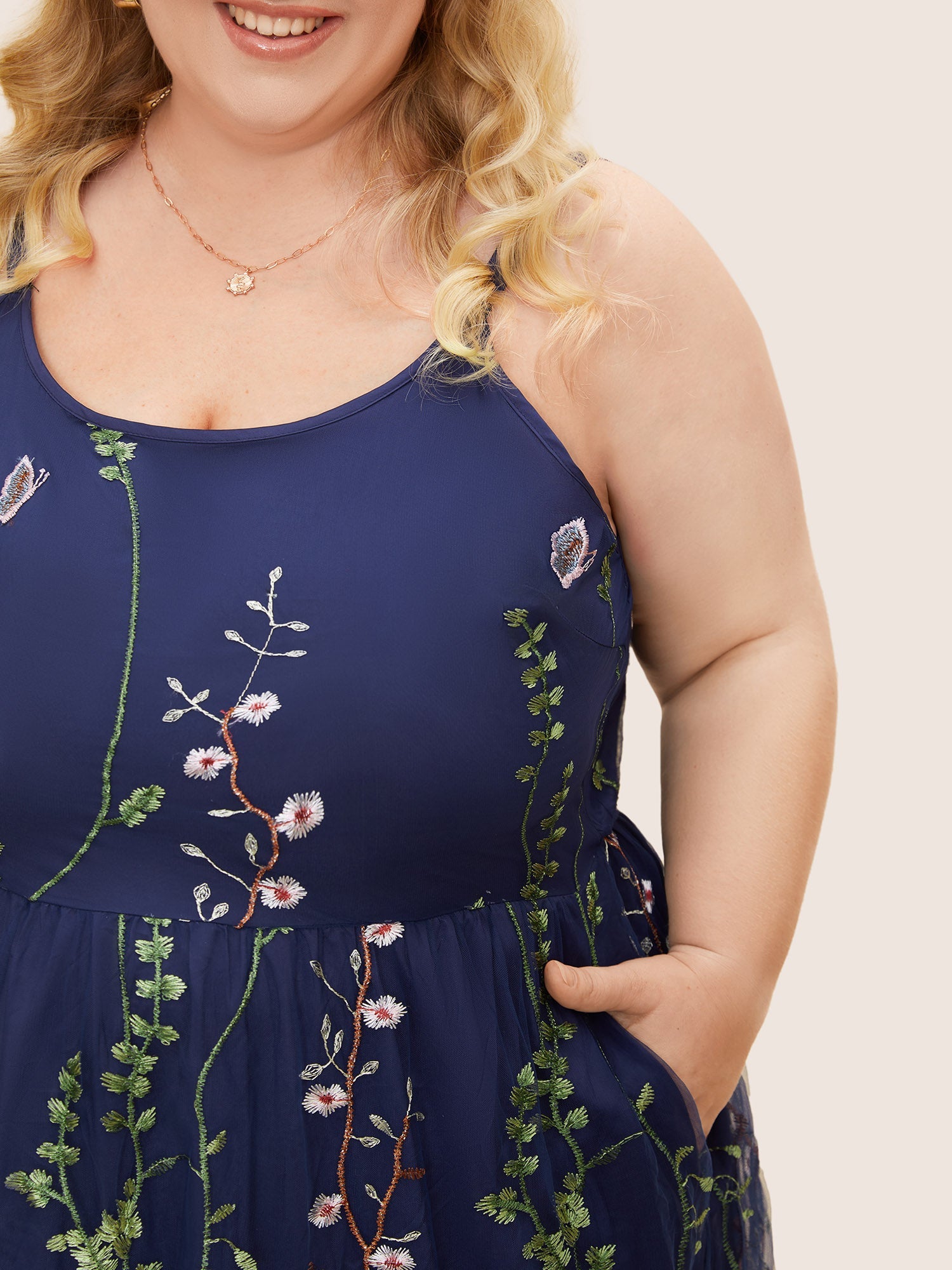 U Neck Floral Embroidered Mesh Cami Dress