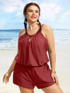 Solid Keyhole Elastic Waist Gathered One Piece Swimsuit