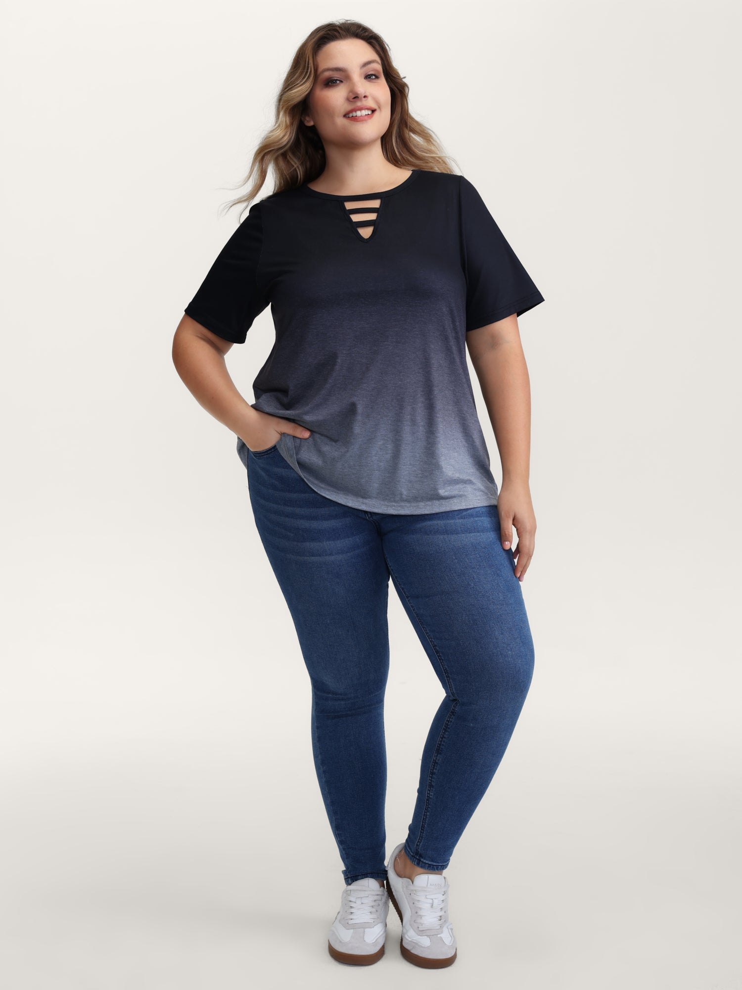 Tie-Dye Blend Neck Cut-Out T-Shirt