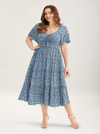 Ditsy Floral Sweetheart Drawstring Pocket Tiered Dress