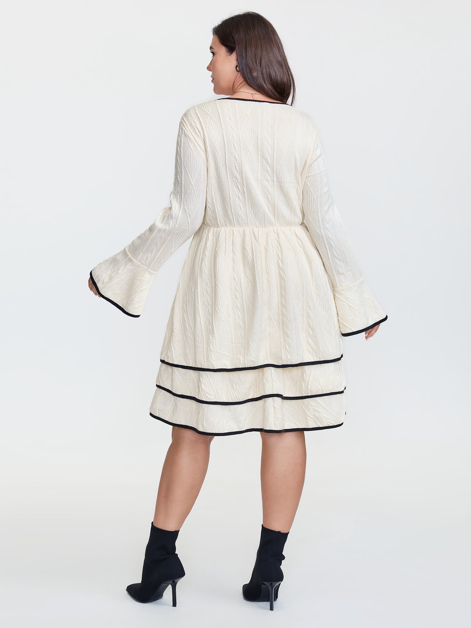 Textured Layered Hem Color Contrast Midi Dress