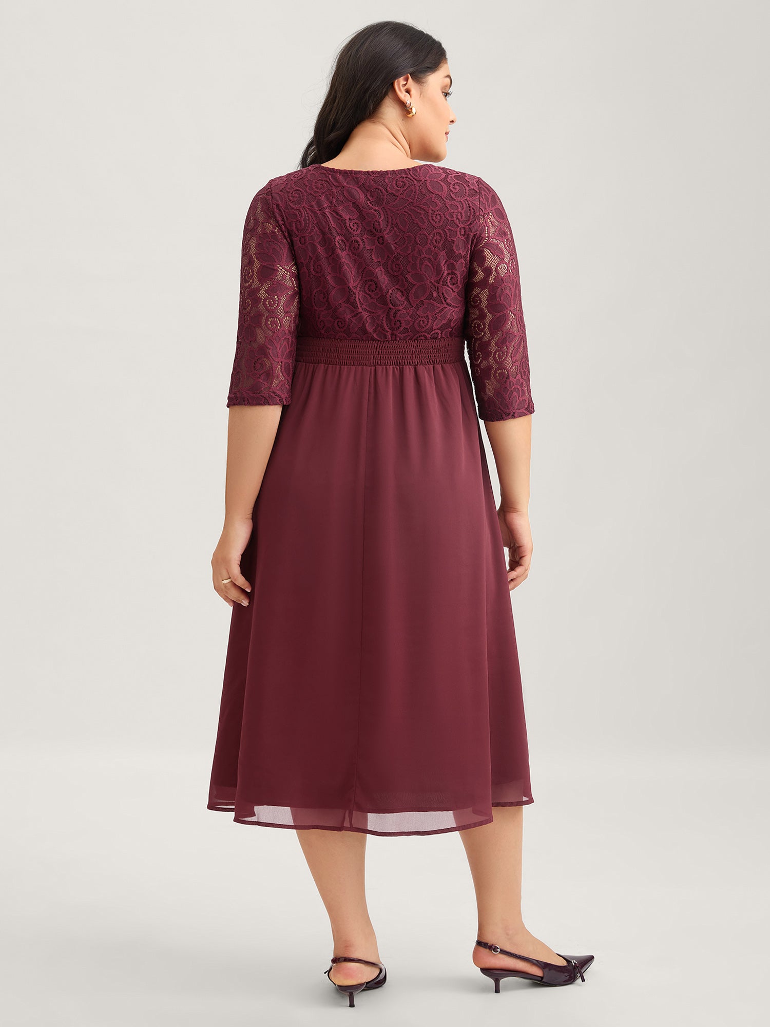 Lace Patchwork Shirred Midi Pocket Dress