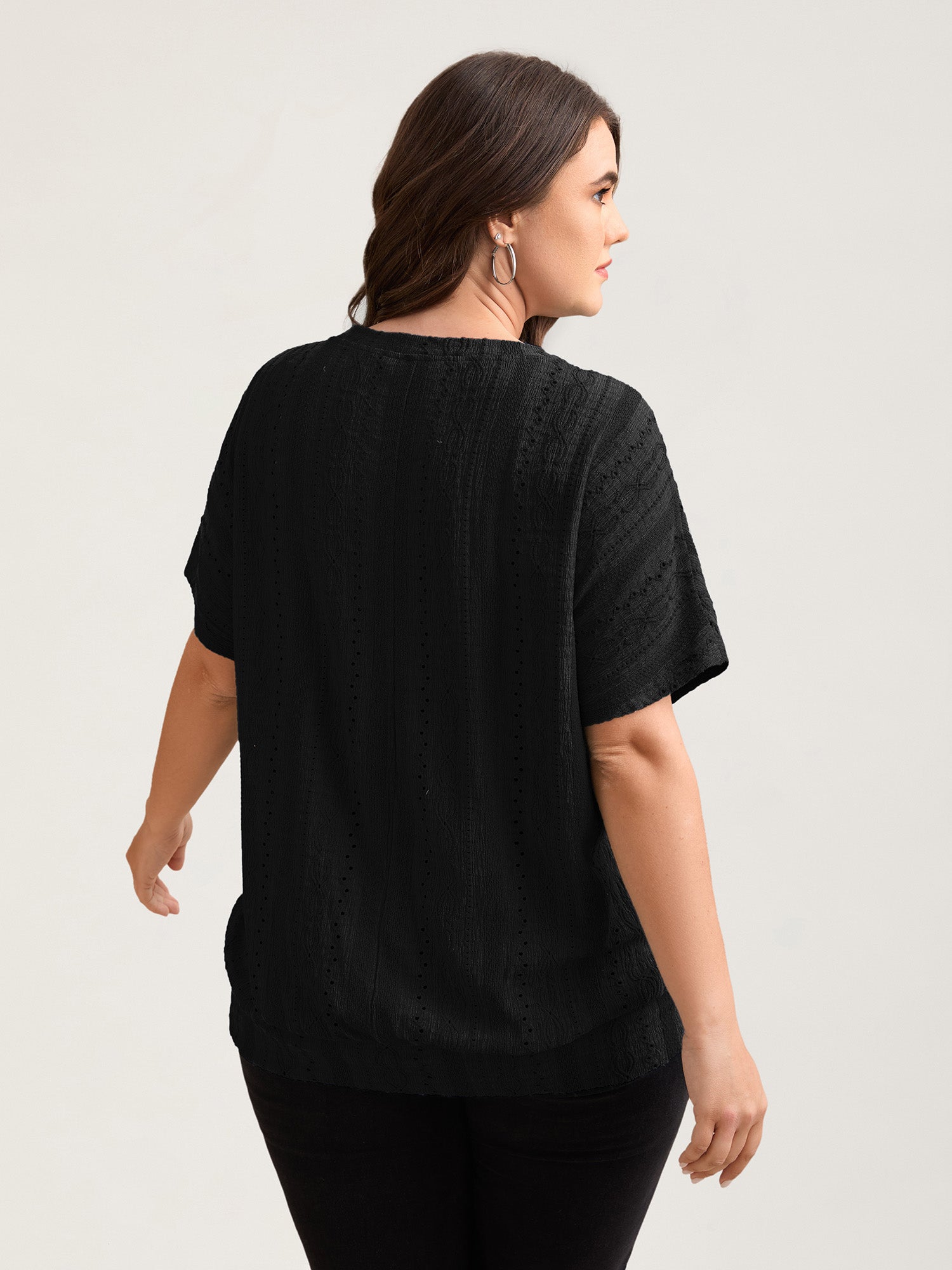 Eyelet Trim Stretchy Textured Plain Top