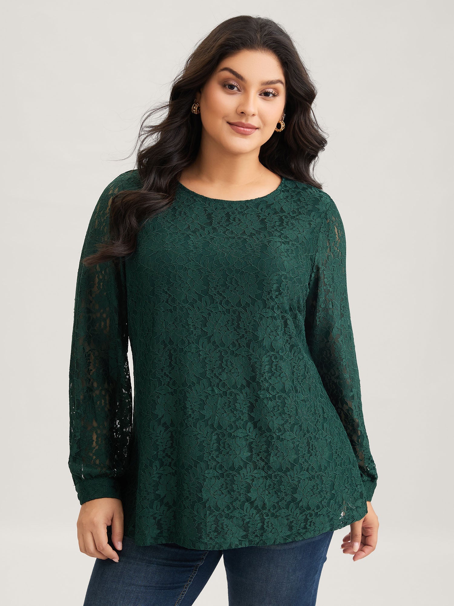 Solid Crochet Lace Mesh Crew Neck Blouse