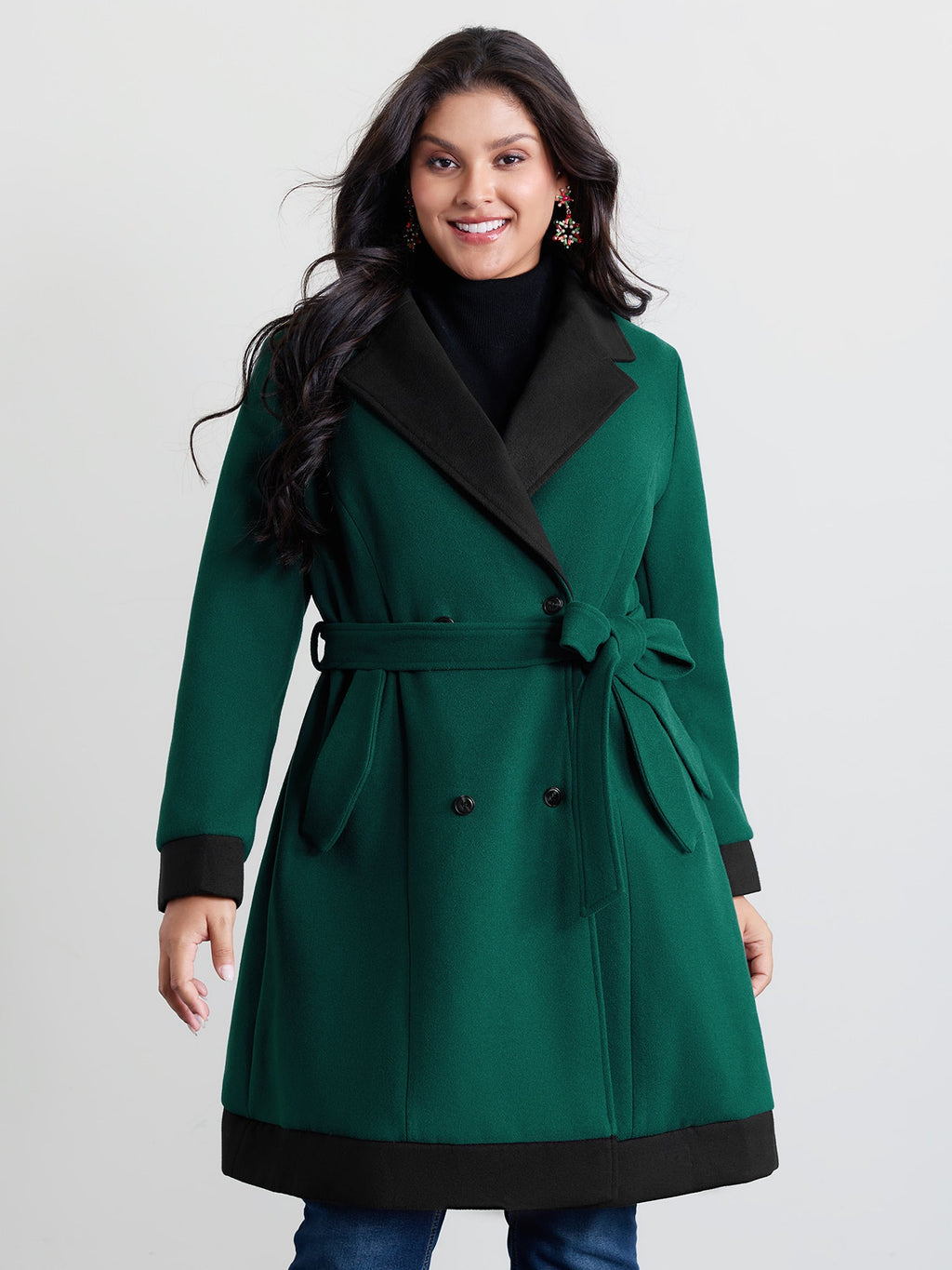 Color Contrast Belted Lined Coat